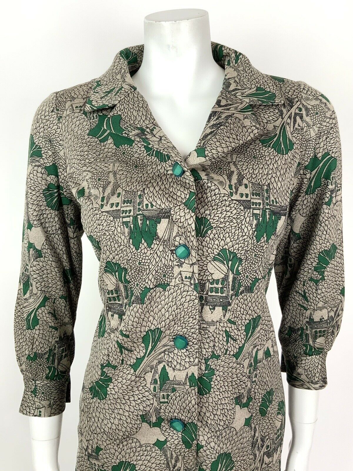 VINTAGE 60s 70s BROWN GREEN BLACK LEAF TREE CHURCH SHIRT DRESS 12