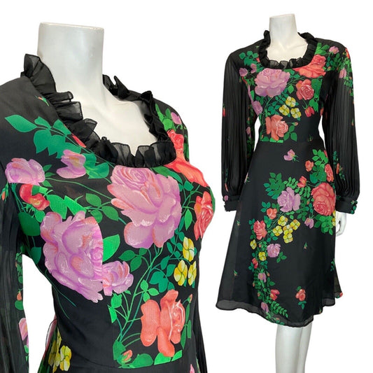 VINTAGE 60s 70s BLACK GREEN LILAC FLORAL PLEATED LONGSLEEVE SWING DRESS 14 16