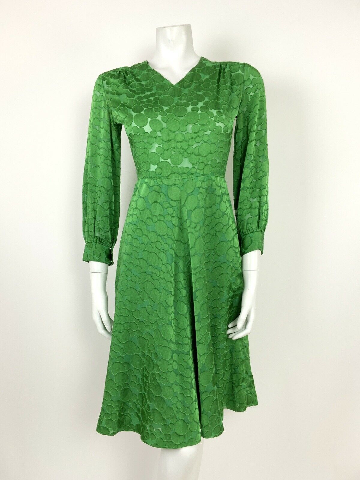 VINTAGE 60s 70s APPLE GREEN GEOMETRIC BUBBLE SHEER SWING DRESS 8 10