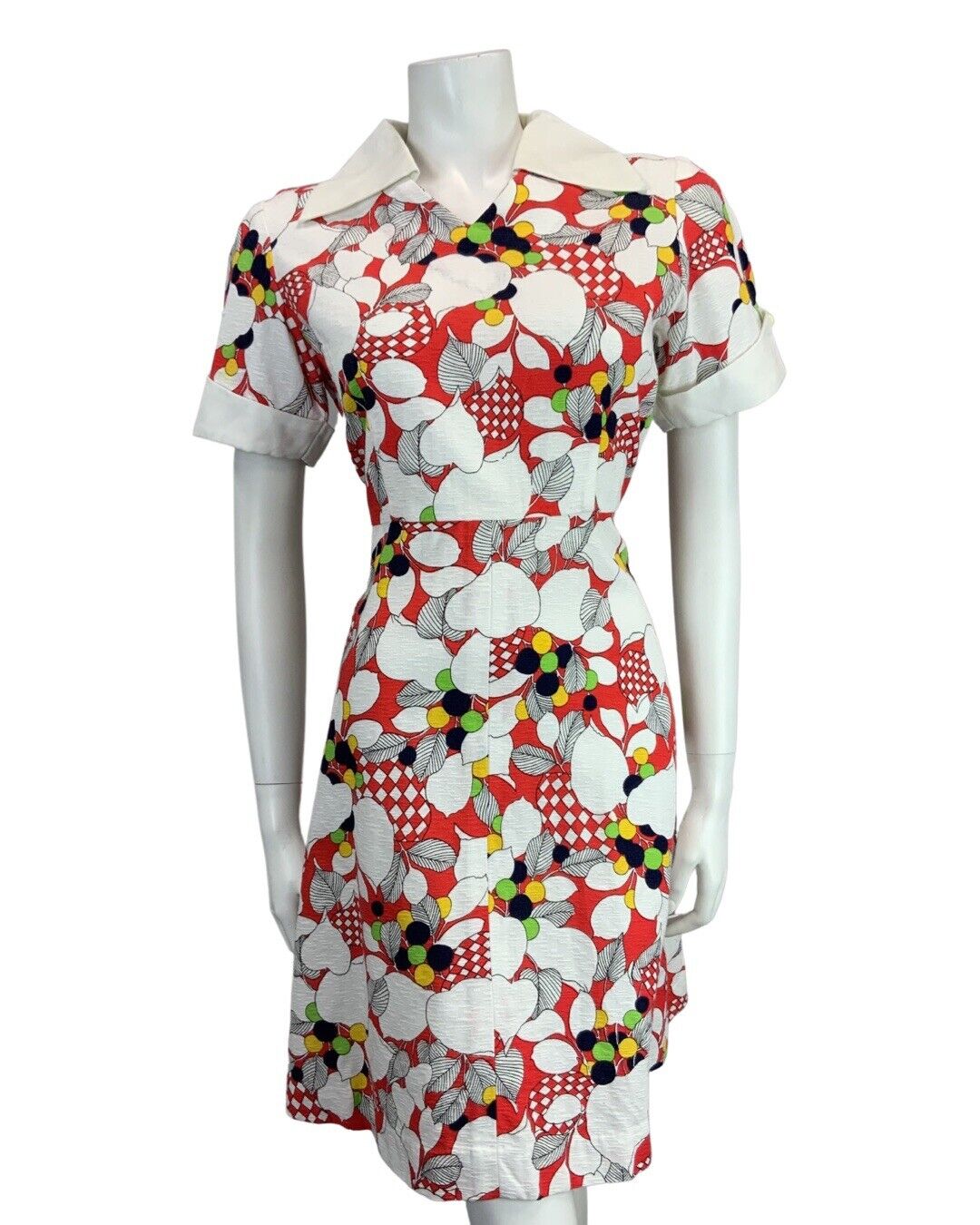 VINTAGE  WHITE RED NAVY BLUE YELLOW GREEN FLORAL PRINT MIDI MOD DRESS 12