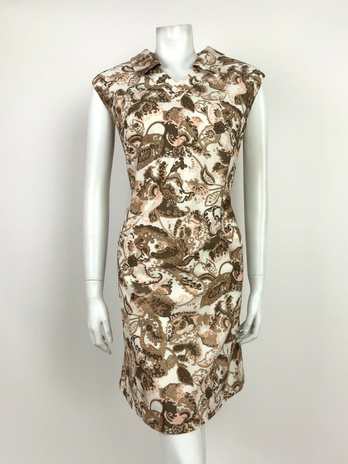 VTG 60s 70s WHITE BEIGE BROWN PINK FLORAL PAISLEY SLEEVELESS SHIFT DRESS 16 18