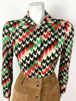 VINTAGE 60s 70s BLACK WHITE GREEN RED HOUNDSTOOTH STRIPED MOD DAGGER SHIRT 10 12