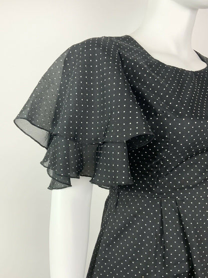 VINTAGE 60s 70s BLACK WHITE POLKA-DOT SHEER CAPE SLEEVE FLOATY MAXI DRESS 14 16