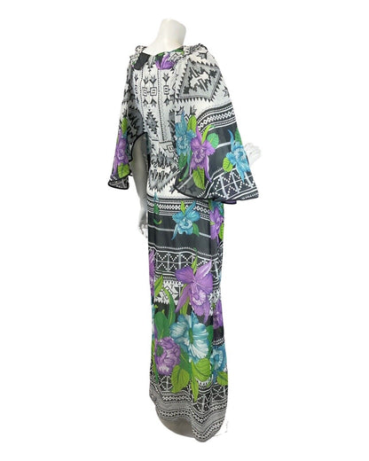 VTG 60s 70s WHITE BLACK PURPLE BLUE GEOMETRIC AZTEC FLORAL CAPED MAXI DRESS 10