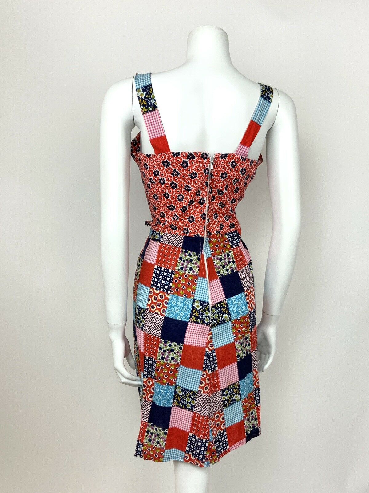 VTG 60s 70s RED BLUE WHITE PINK FLORAL PATCHWORK GINGHAM SUNDRESS GYPSY BOHO 10