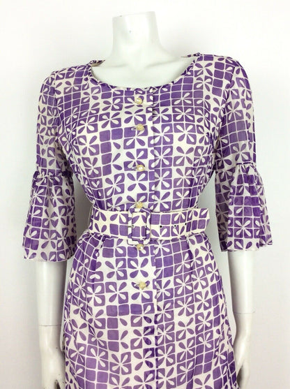 60S 70S VTG WHITE PURPLE GEOMETRIC FLOWER BELL SLEEVE BELT DRESS 12 14