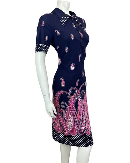 VTG 60s 70s NAVY BLUE PINK CORAL PAISLEY PRINT POLKA DOT MIDI MOD DRESS 12 14