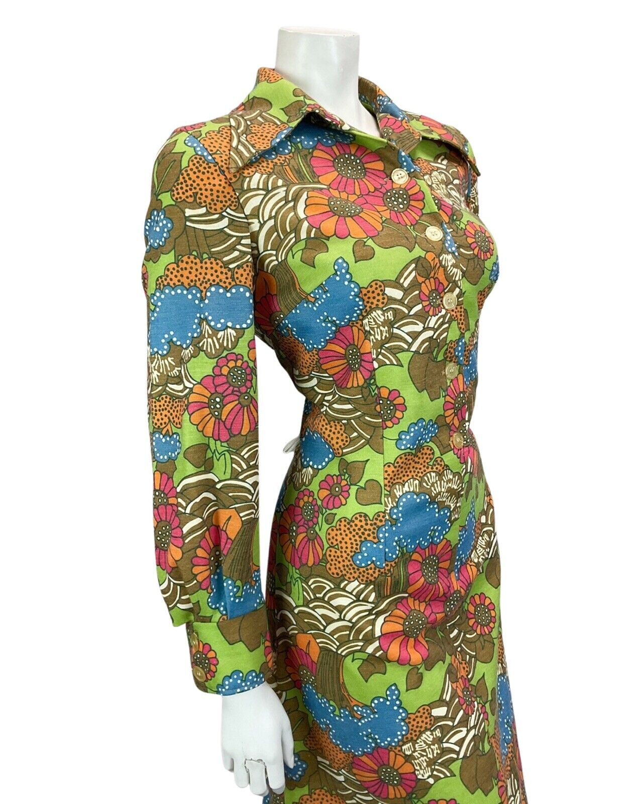 VTG 60S 70S GREEN PINK BLUE  FLORAL PRINT BOHO PSYCHEDELIC PRINT MIDI DRESS 14