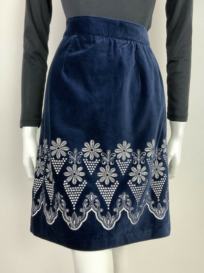 VTG 60s 70s MIDNIGHT BLUE WHITE FLORAL EMBROIDERED BOHO MOD VELVET SKIRT 8 10