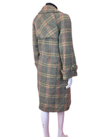 VTG 60s 70s GREEN BEIGE ORANGE CHECKED PLAID DOUBLE-BREASTED MOD WOOL COAT 16