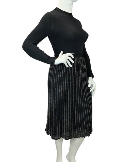 VINTAGE 60s 70s BLACK IRIDESCENT STRIPED DISCO PARTY LUREX KNIT MIDI SKIRT 14