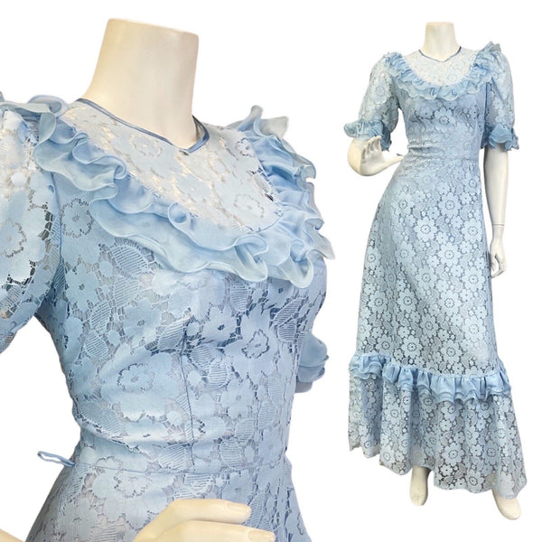 VINTAGE 60s 70s BABY BLUE FLORAL LACE RUFFLED PRAIRIE BOHO MAXI DRESS 8