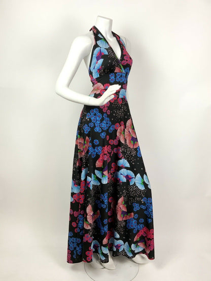 VINTAGE 60s 70s BLACK BLUE PINK JAPANESE FLORAL HALTER SUMMER MAXI DRESS 8 10