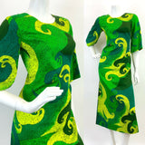 VINTAGE 60s 70s GREEN YELLOW HAWAIIAN PSYCHEDELIC SWIRLING MOD MAXI DRESS 8 10