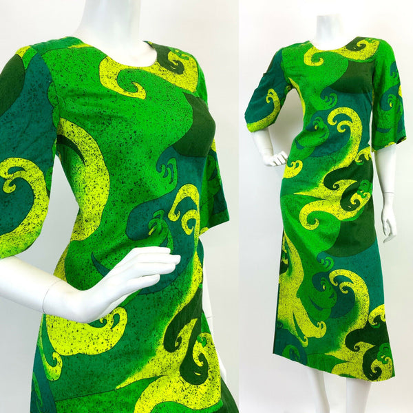 VINTAGE 60s 70s GREEN YELLOW HAWAIIAN PSYCHEDELIC SWIRLING MOD MAXI DRESS 8 10