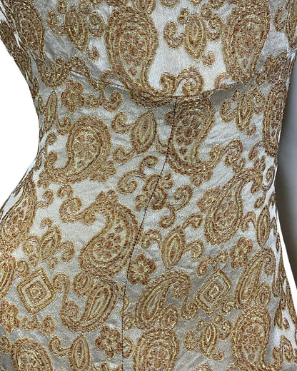 VTG 60s 70s GOLD BRONZE PAISLEY PRINT EMBROIDERED BOHO PARTY  MAXI DRESS 10 12