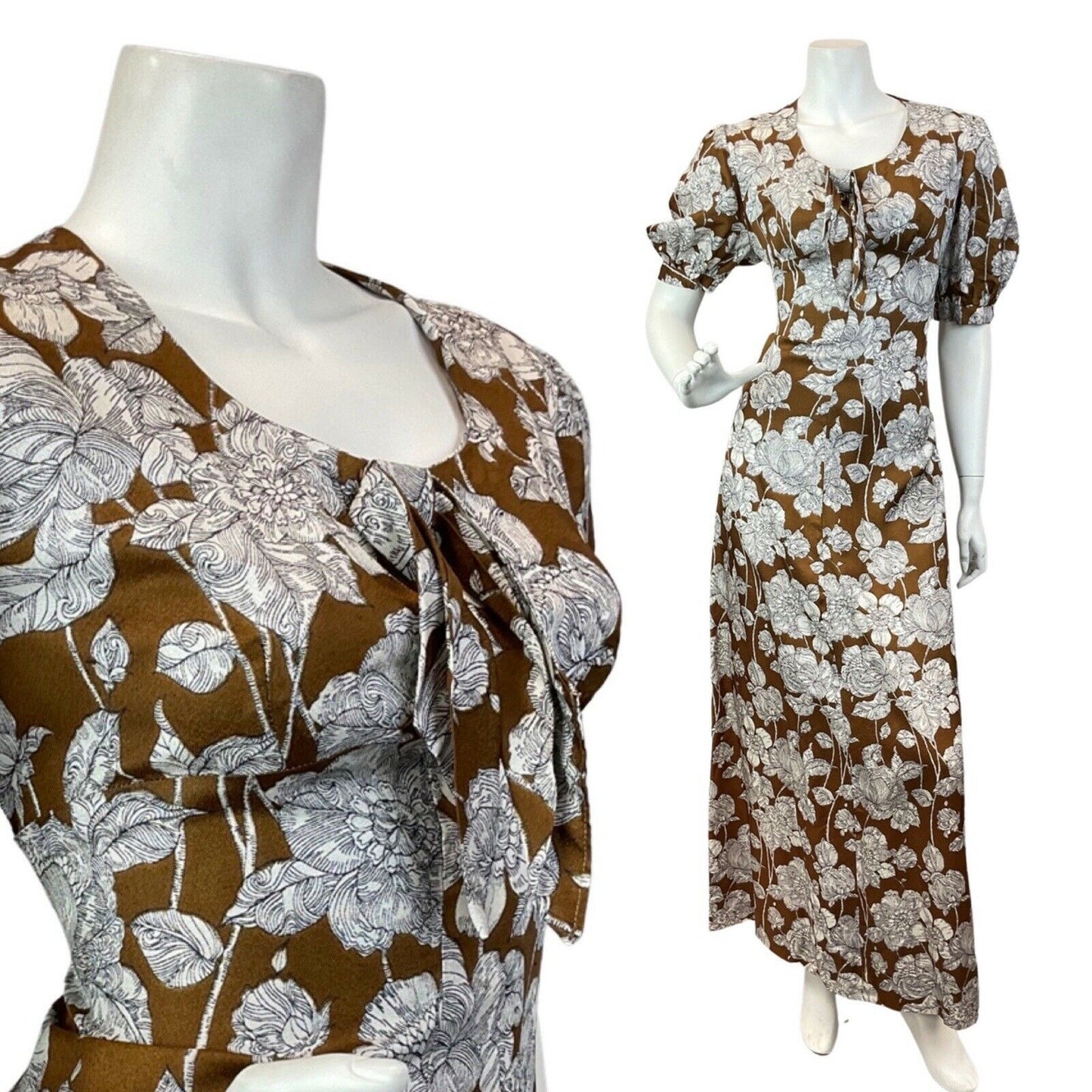 VINTAGE 60s 70s BROWN WHITE FLORAL ROSE BOHO PUFF SLEEVE MAXI DRESS 10 12