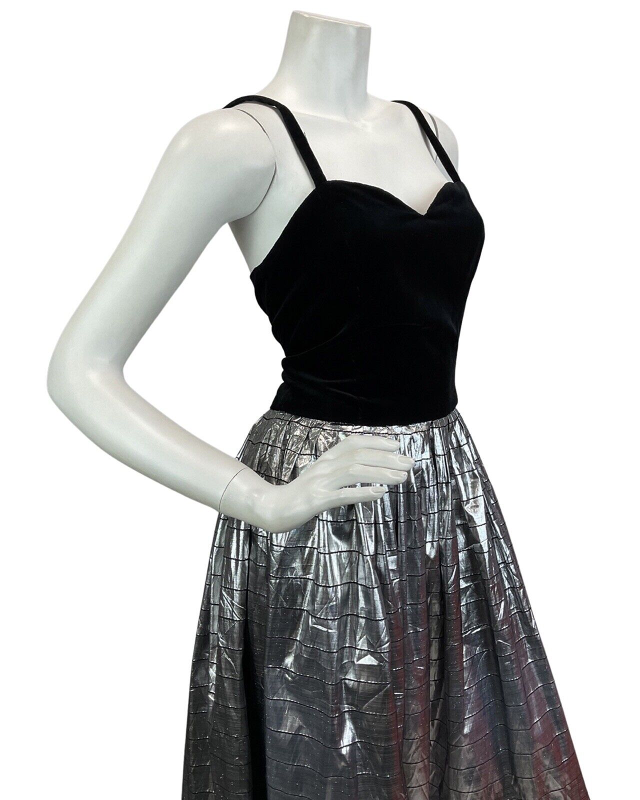 VINTAGE  70s 80s BLACK SILVER METALLIC DISCO EVENING PARTY MAXI DRESS 8 10