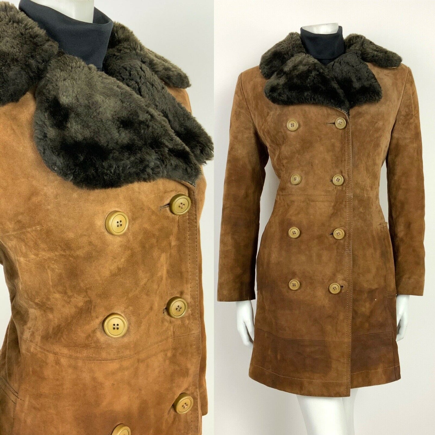 VTG 60s 70s BROWN BLACK SUEDE LEATHER FAUX FUR SHEARLING SHEEPSKIN COAT 12 14