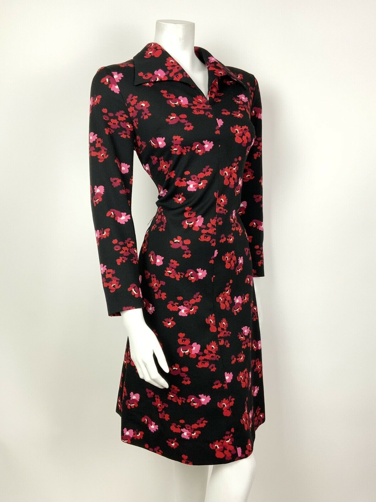 VINTAGE 60s 70s BLACK RED PINK PURPLE FLORAL WING COLLAR SHIFT DRESS 12 14