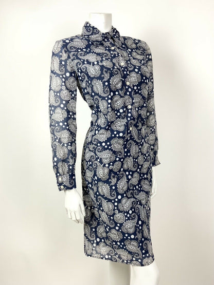 VTG 60s 70s NAVY BLUE WHITE FLORAL PAISLEY MOD DAGGER COLLAR SHIRT DRESS 12 14