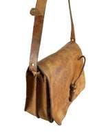 VINTAGE 60s 70s TAN BROWN WOODEN PEG BOHO LEATHER SHOULDER BAG