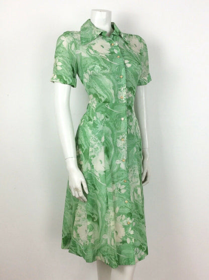 VINTAGE 60s 70s GREEN WHITE SWIRL PSYCHEDELIC SHIRT TEA DRESS 10 12