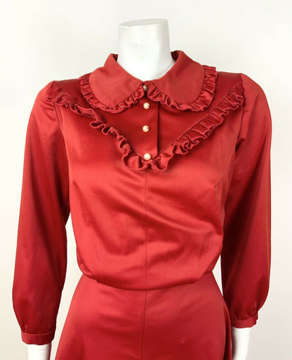 VINTAGE 60s 70s PILLARBOX RED PEARL DOG EAR COLLAR RUFFLED WESTRN DRESS 10 12