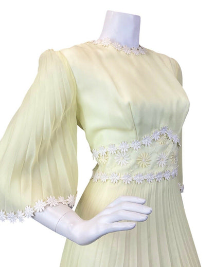 VINTAGE 60s 70s PASTEL YELLOW WHITE DAISY FLOWER BOHO MOD SHEER MAXI DRESS 10