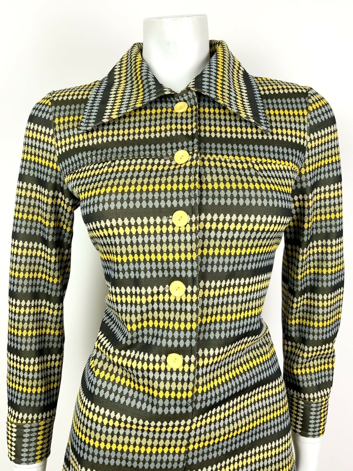 VINTAGE 60s 70s BLACK BLUE YELLOW STRIPED DOTTY DAGGER SHIRT SHIFT DRESS 8 10