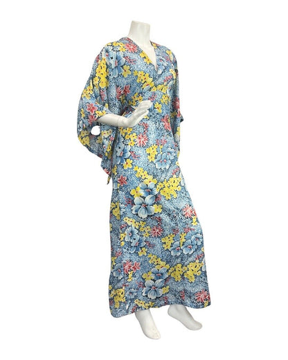 VINTAGE 60s 70s BLUE WHITE RED FLORAL SUMMER BOHO ANGEL SLEEVE MAXI DRESS 12 14