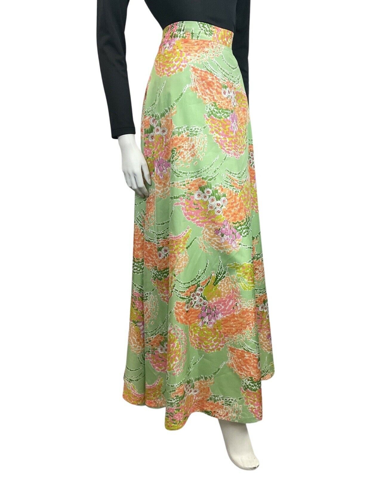 VINTAGE 60s 70s GREEN ORANGE LILAC FLORAL DITSY MOD BOHO MAXI SKIRT 10 12