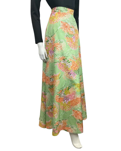 VINTAGE 60s 70s GREEN ORANGE LILAC FLORAL DITSY MOD BOHO MAXI SKIRT 10 12