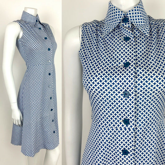 VTG 60s 70s MOD BLUE WHITE BASKET WEAVE OP-ART DAGGER COLLAR SHIRT DRESS 8 10