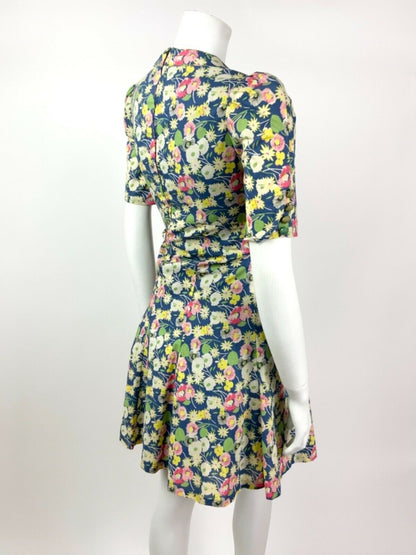 VINTAGE 60s 70s BLUE GREEN WHITE PINK FLORAL LEAFY DITSY TEA DRESS 8