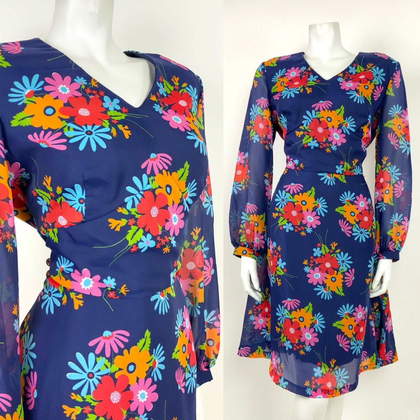 VINTAGE 60s 70s BLUE RED ORANGE PINK GREEN FLORAL HIPPY SHEER FLOATY DRESS 14 16