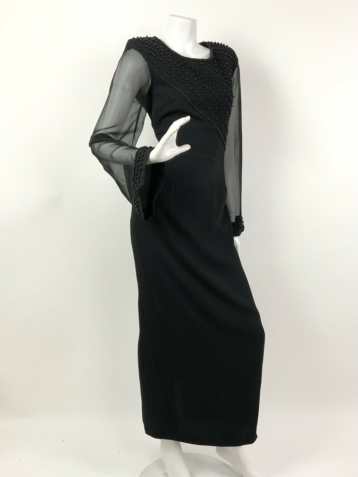 VINTAGE 70s 80s BLACK BEADED SHEER ELEGANT GOWN DRESS 8 10