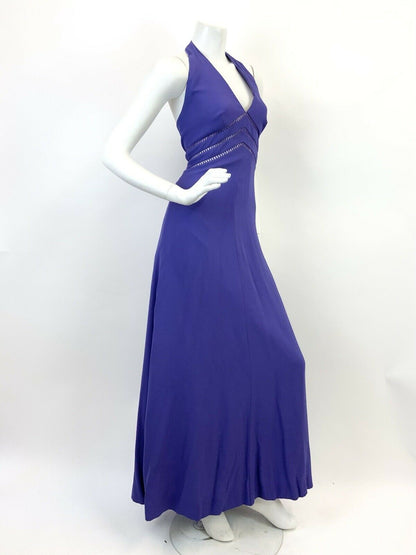 VTG 60s 70s VIOLET PURPLE CUT-OUT STUDIO 54 GLAM PLUNGING HALTER MAXI DRESS 10