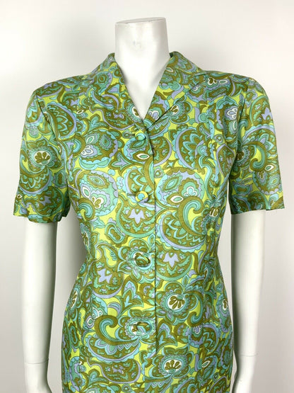 VINTAGE 60s 70s GREEN BLUE PURPLE FLORAL PAISLEY PSYCHEDELIC SHIRT DRESS 14 16