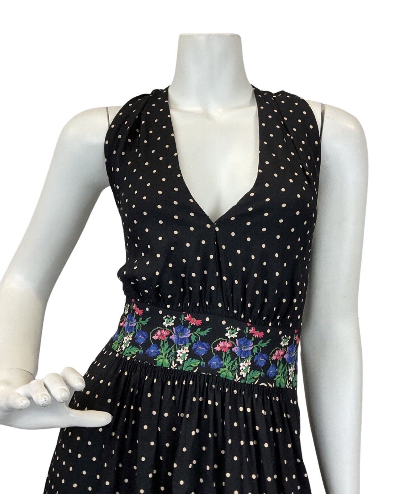 VINTAGE 60s 70s BLACK WHITE BLUE FLORAL POLKA-DOT SUMMER HALTER MAXI DRESS 10