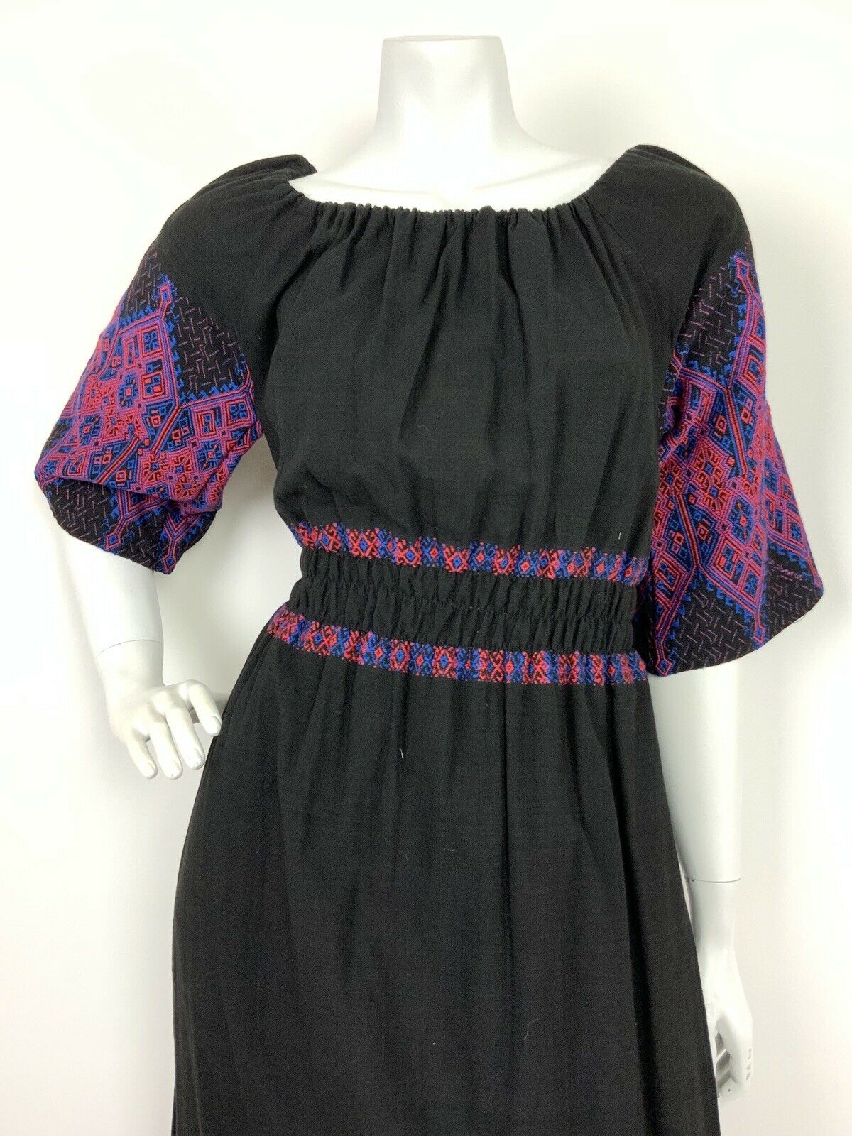 VTG 60s 70s ETHNIC FOLK BLACK BLUE RED EMBROIDERED RUCHED MAXI DRESS 10 12