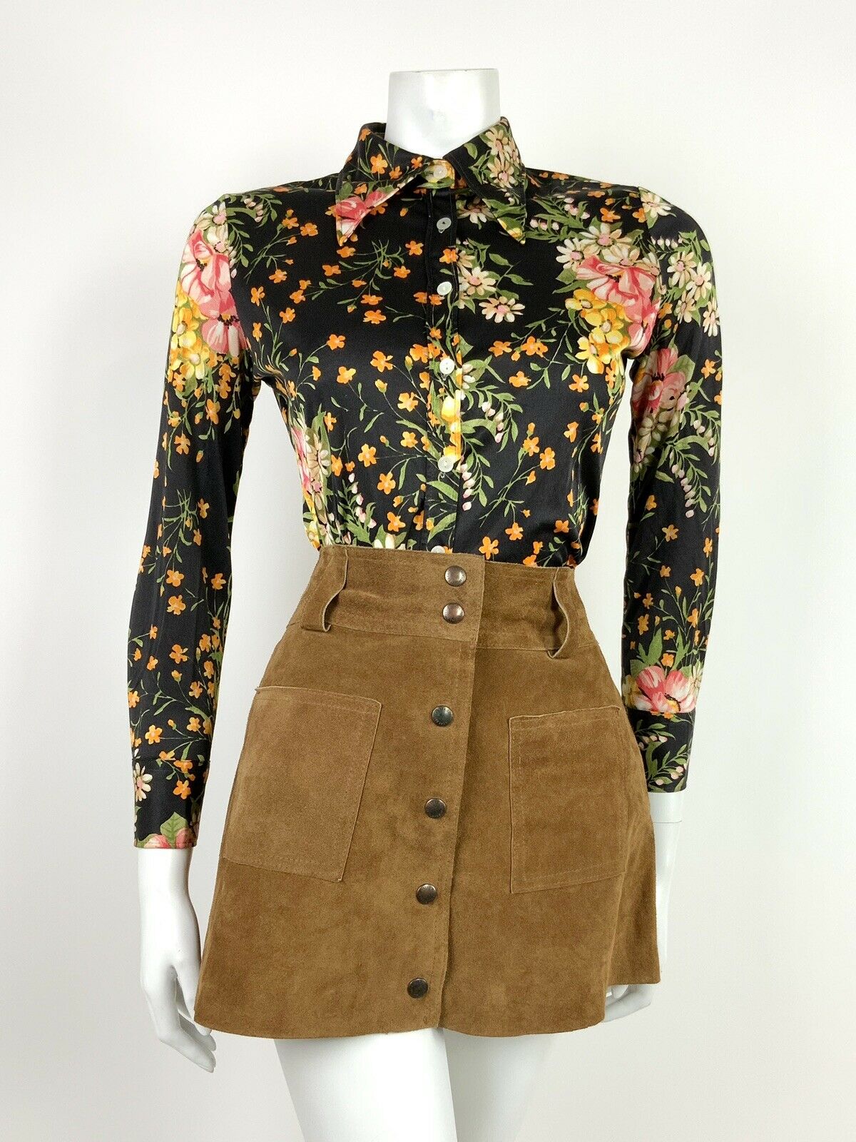 VTG 60s 70s BLACK PINK ORANGE GREEN FLORAL DITSY DAISY DAGGER COLLAR SHIRT 8 10