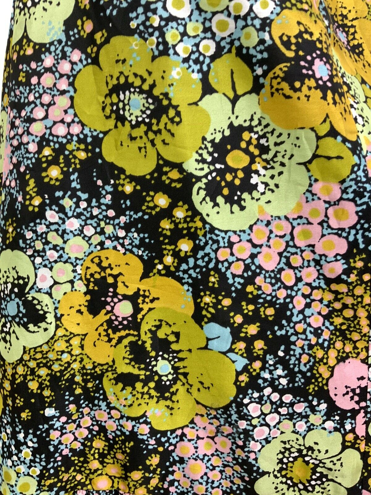 VINTAGE 60s 70s BLACK YELLOW PINK BLUE PSYCHEDELIC FLORAL DOTTY MAXI DRESS 12