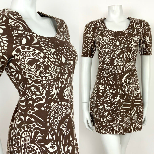 VTG 60s 70s WHITE BROWN PSYCHEDELIC FLORAL PAISLEY HANDPRINTED MINI DRESS 10