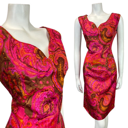 VINTAGE 60s 70s PINK PURPLE ORANGE PSYCHEDELIC FLORAL PAISLEY WIGGLE DRESS 12 14