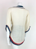 VTG 70s CREAM RED BLUE ORANGE PINK BOHO HIPPY ETHNIC CROCHET BLOUSE TOP 10 12 14