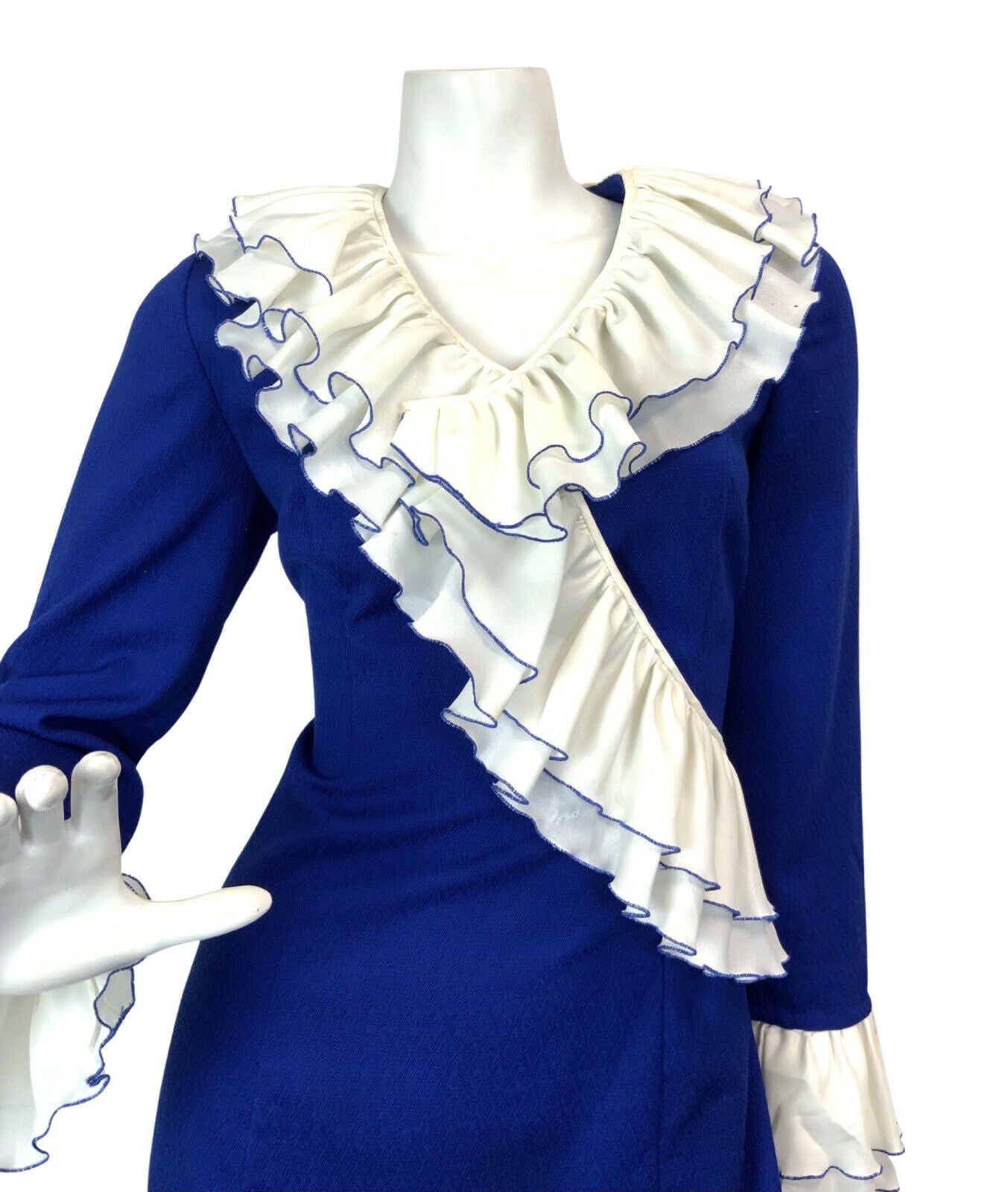 VINTAGE 60s 70s ROYAL BLUE WHITE RUFFLED MOD MAXI DRESS 10