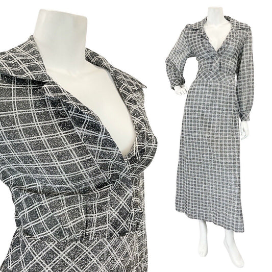 VINTAGE 60s 70s SILVER BLACK GRID CHECKED MOD DAGGER SHIRT MAXI DRESS 12