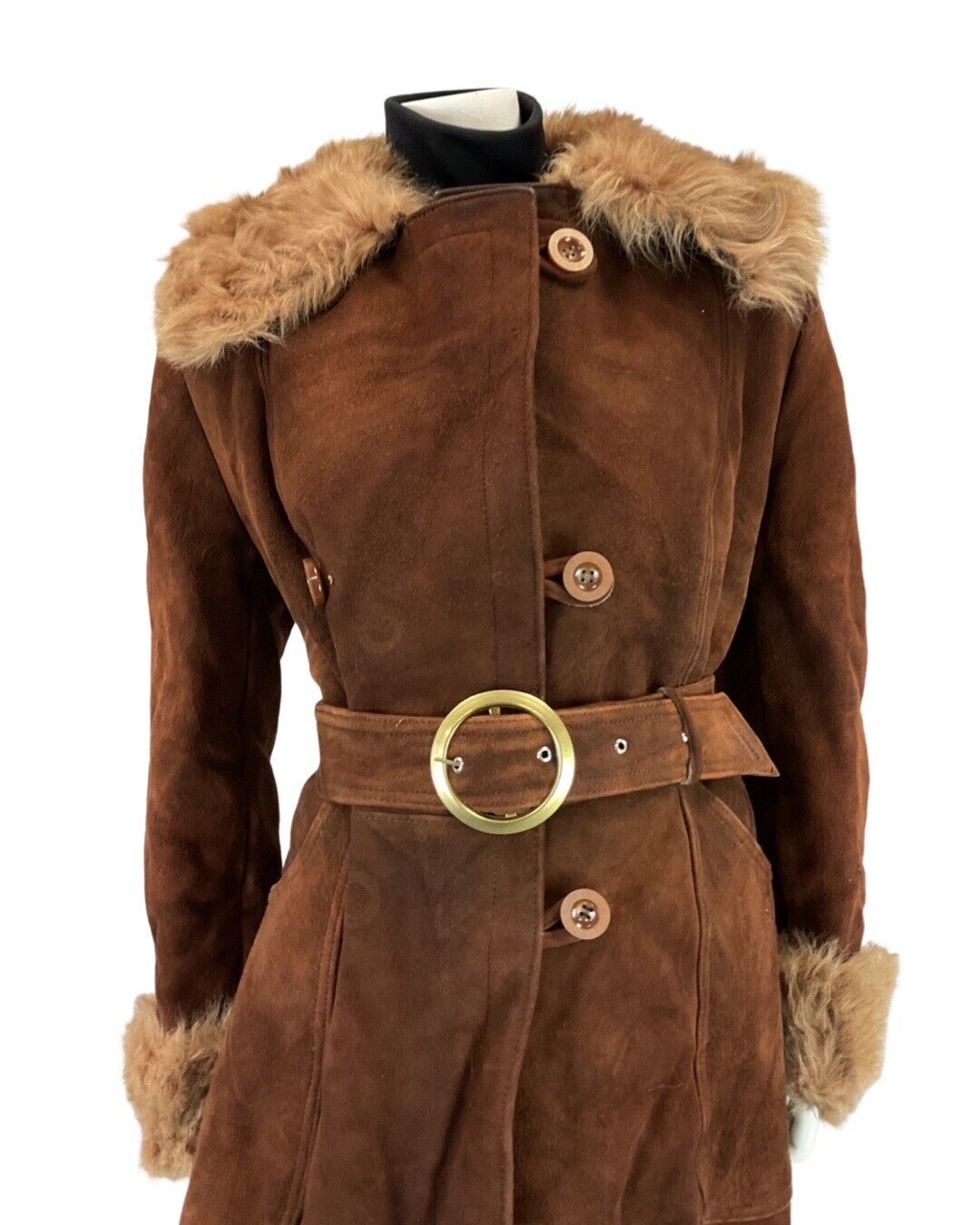 VINTAGE 60s 70s BROWN BOHO BELTED DAGGER COLLAR SUEDE SHEARLING COAT 12 14