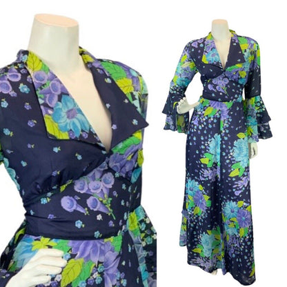 VINTAGE 60s 70s BLUE PURPLE GREEN FLORAL PSYCHEDELIC FLOUNCE MOD MAXI DRESS 10